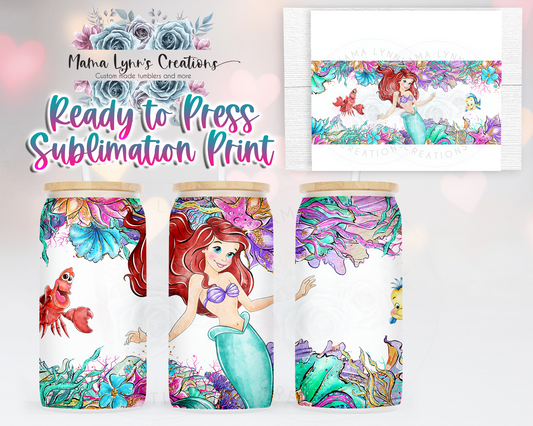 Mermaid Ariel Watercolor 16 oz Glass Can Wrap