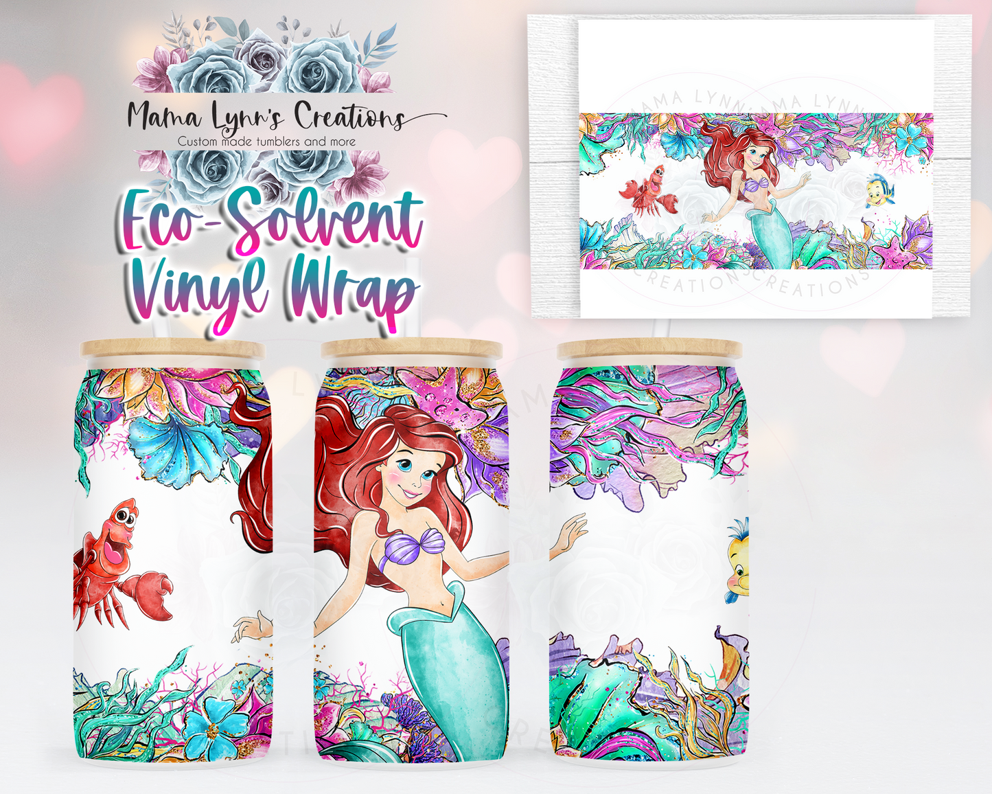 Mermaid Ariel Watercolor 16 oz Glass Can Wrap