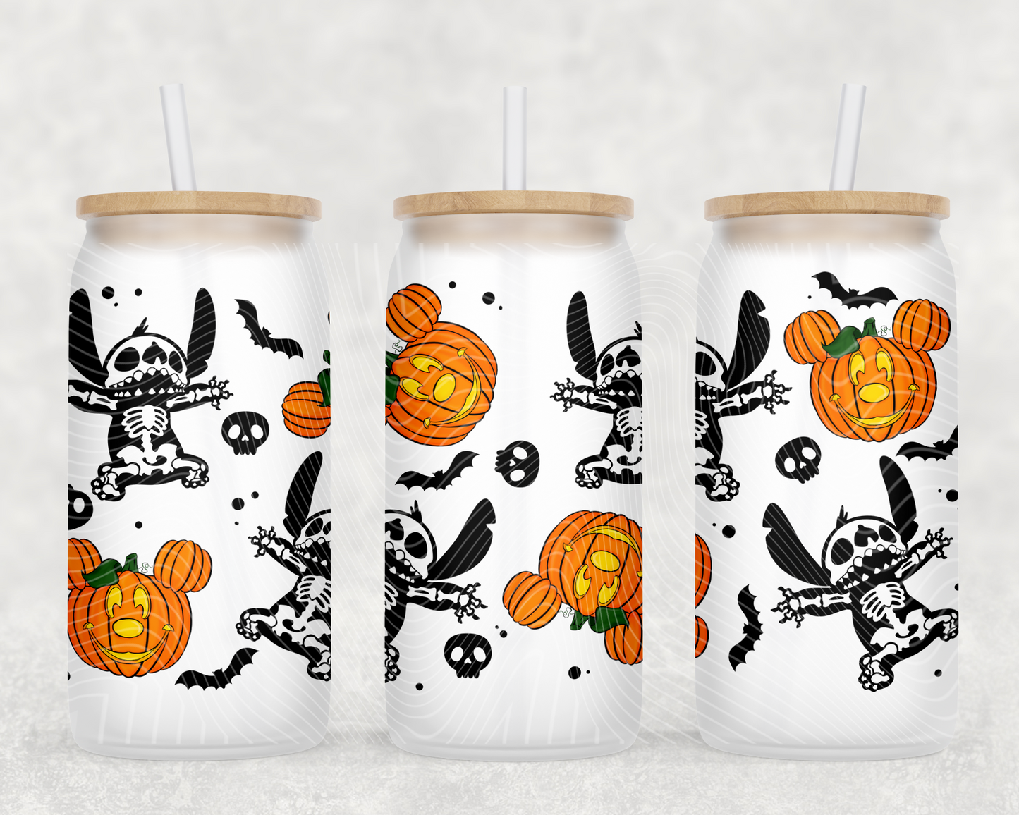 Skellie Stitch and Pumpkins 16 oz Glass Can Wrap