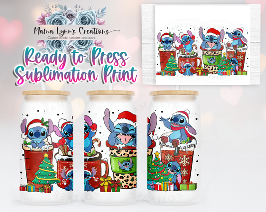 Blue Alien Christmas Drinks 16 oz Glass Can prints