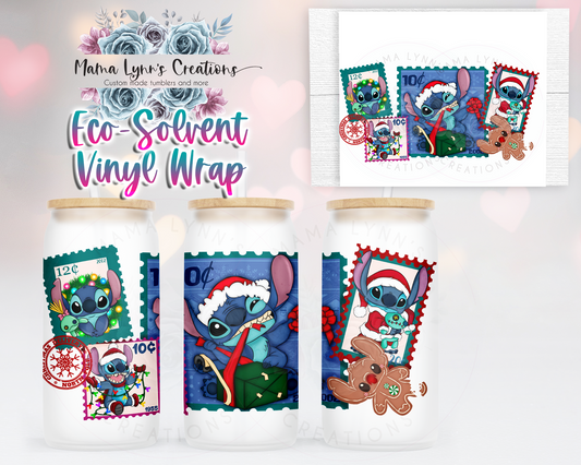 Blue Alien Christmas Stamps 16 oz Glass Can prints