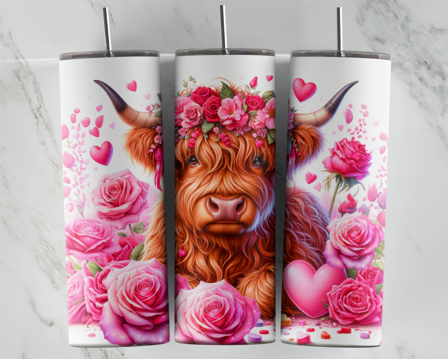 Floral Highland Cow Pink Valentine