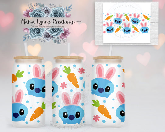 Easter Cute Blue Alien 16 oz Glass Can Vinyl Wrap