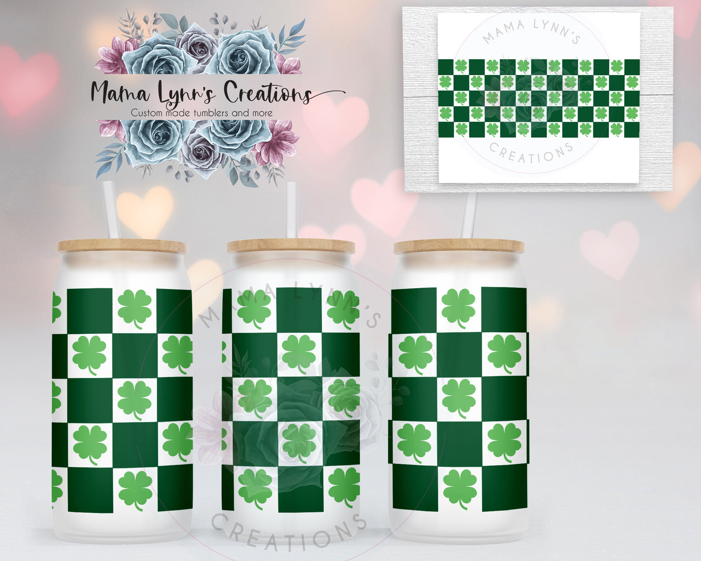 Checkered Shamrock 16 oz Glass Can Vinyl Wrap