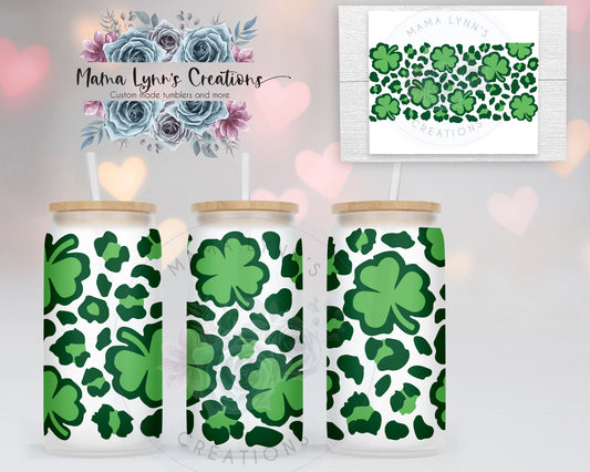 Leopard Shamrock 16 oz Glass Can Vinyl Wrap