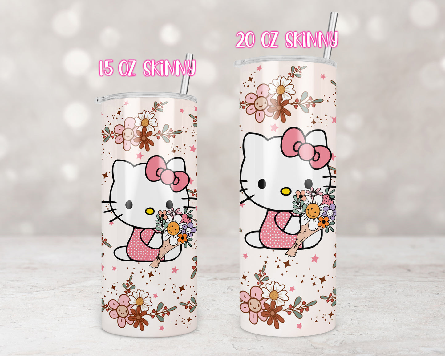 Spring Kitty Pink Flowers Tumbler Transfers