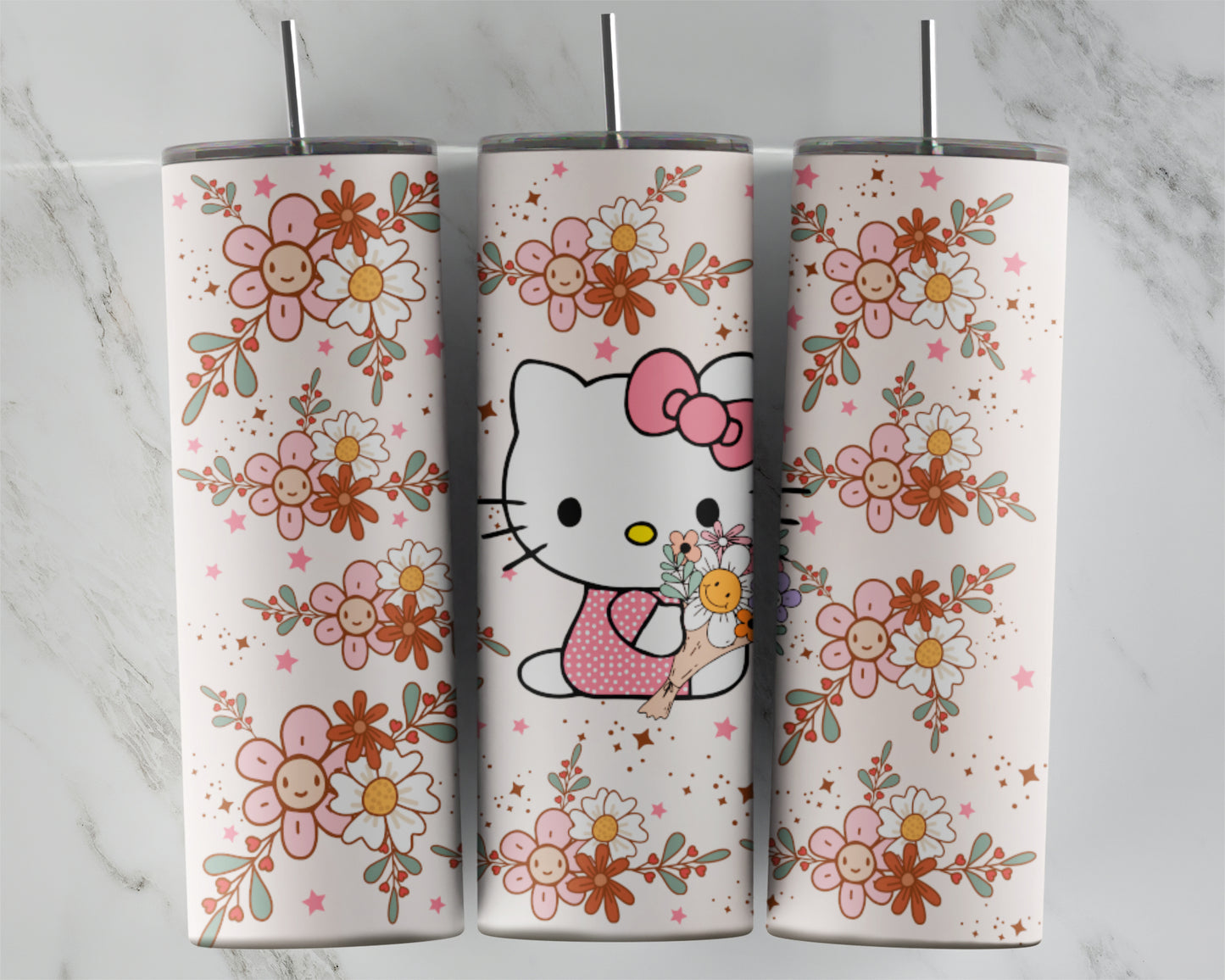 Spring Kitty Pink Flowers Tumbler Transfers