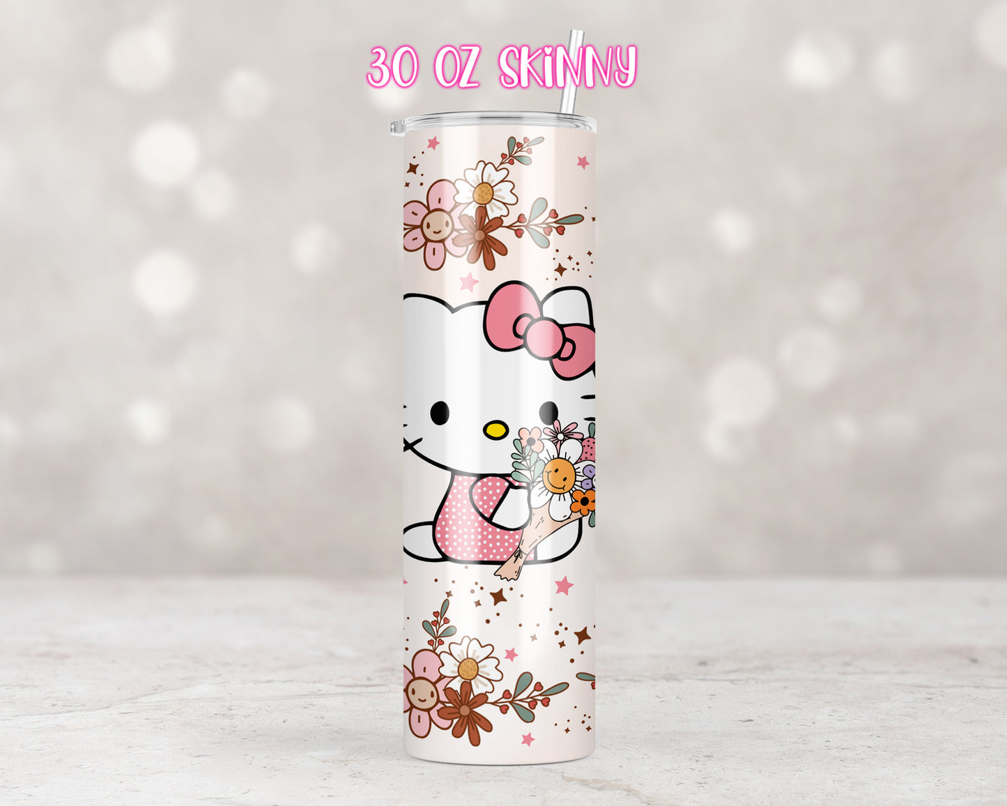 Spring Kitty Pink Flowers Tumbler Transfers