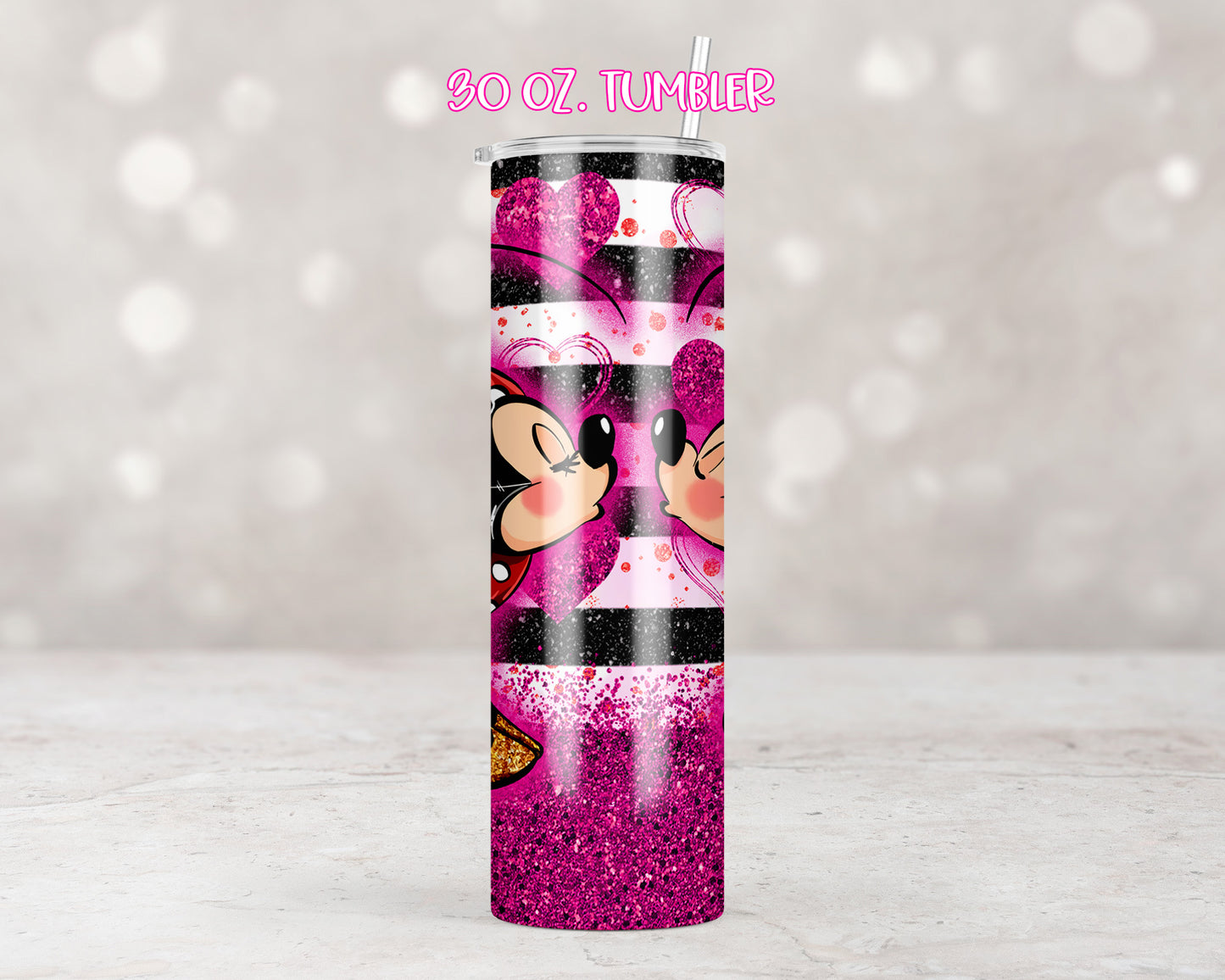 Pink Stripe Mouse Couple Tumbler Transfers