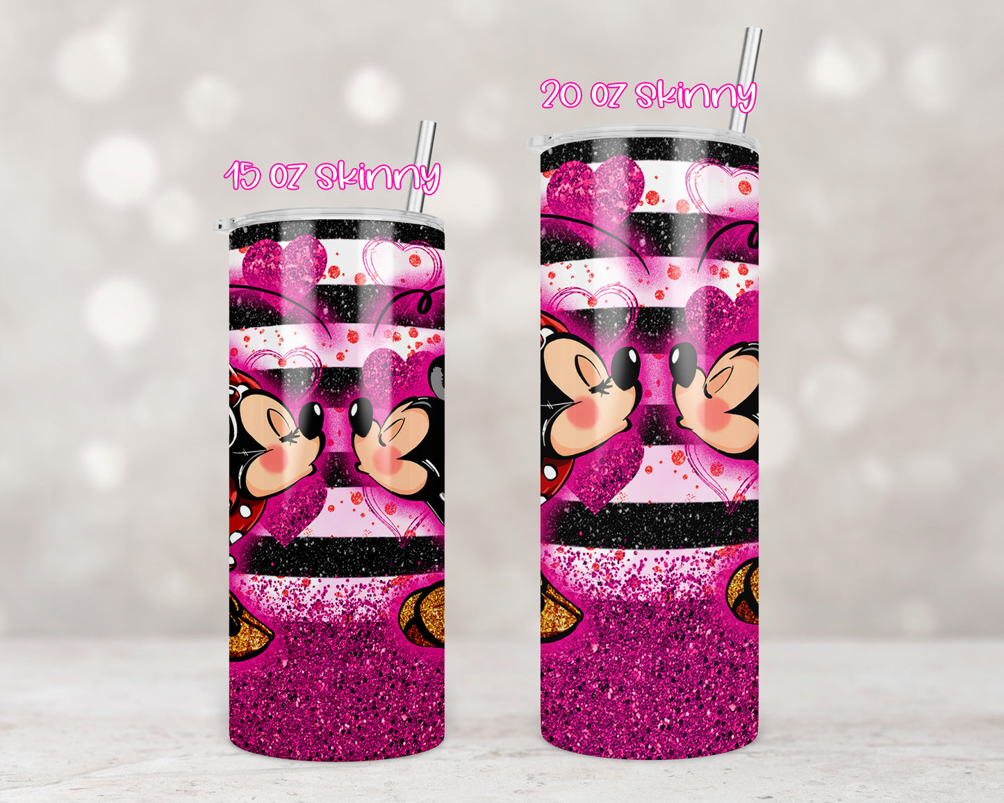 Pink Stripe Mouse Couple Tumbler Transfers