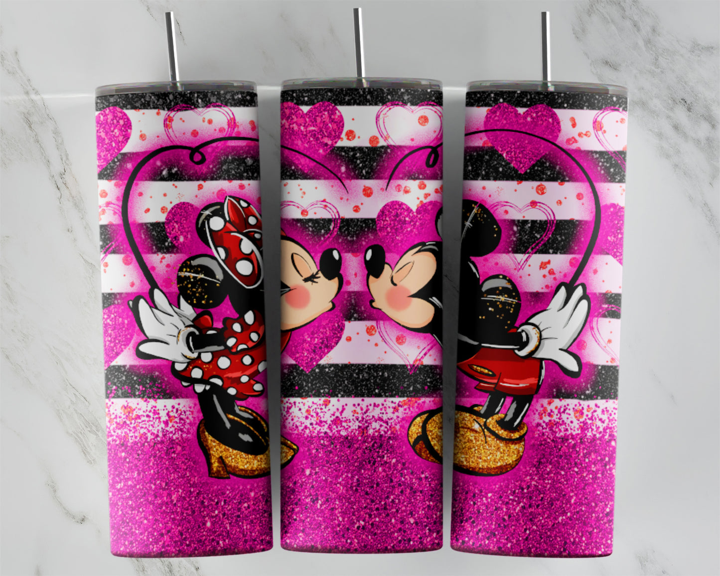 Pink Stripe Mouse Couple Tumbler Transfers